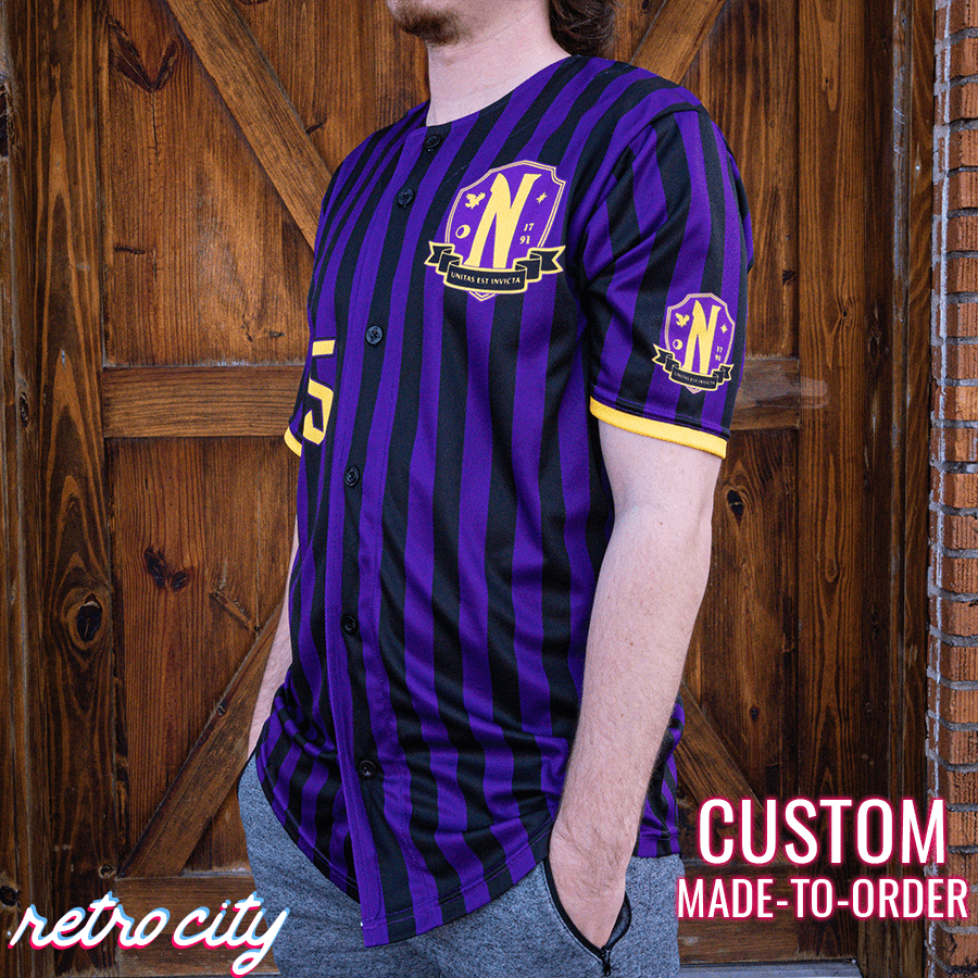 Nevermore Academy Full-Button Striped Baseball Jersey