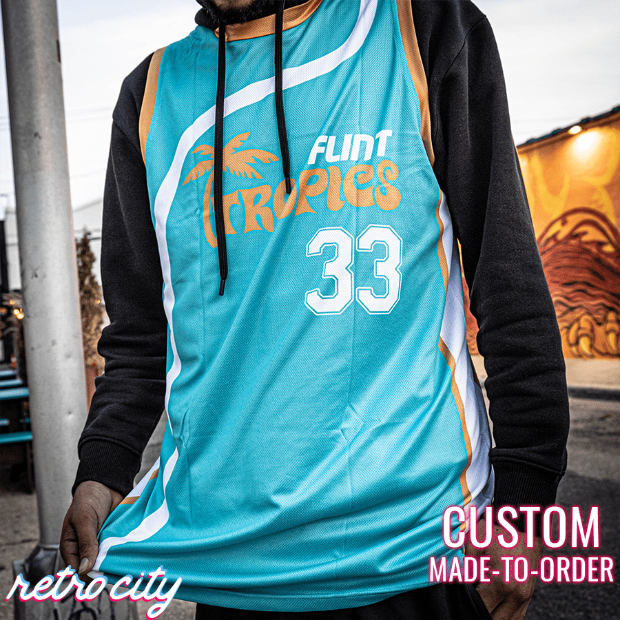 flint tropics, semi-pro jackie moon custom basketball jersey, flint tropics logo