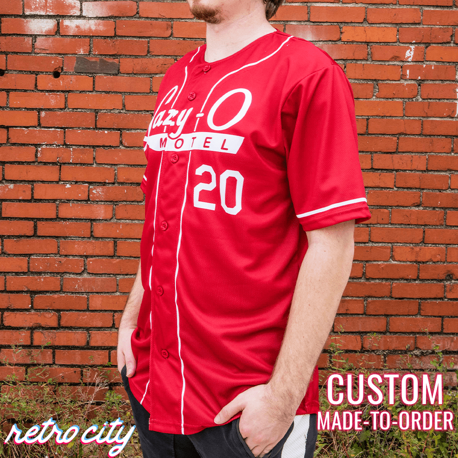 lazy-o motel ozark ruth langmore full-button baseball jersey (red)