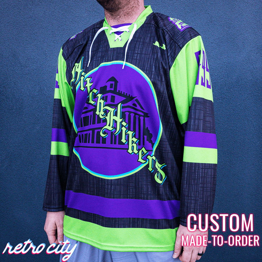 Custom hockey jersey, disney spirit jerseys, hitchhikers jersey