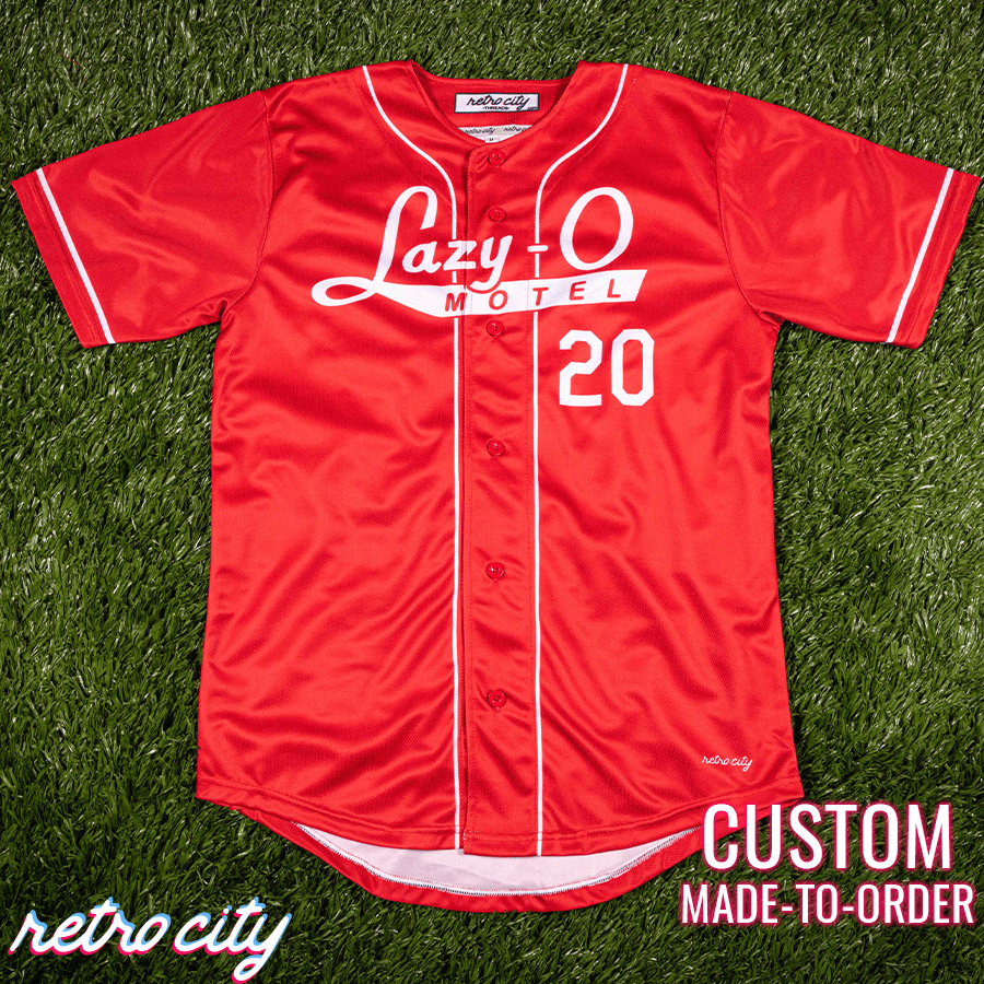 lazy-o motel ozark ruth langmore full-button baseball jersey (red)