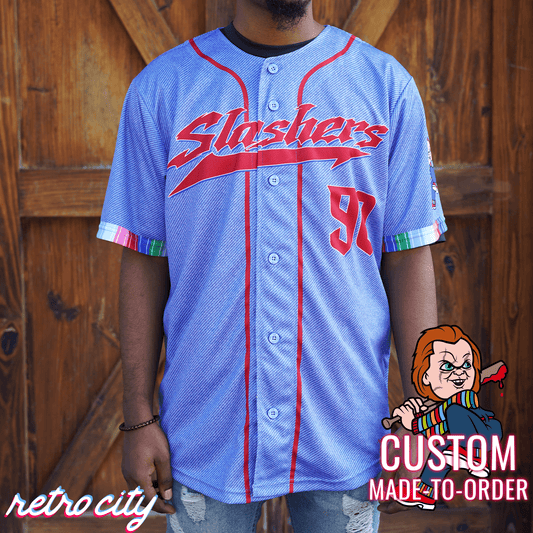 Chucky Childs Play Slasher Series Full-Button Halloween Baseball Jersey Shirt