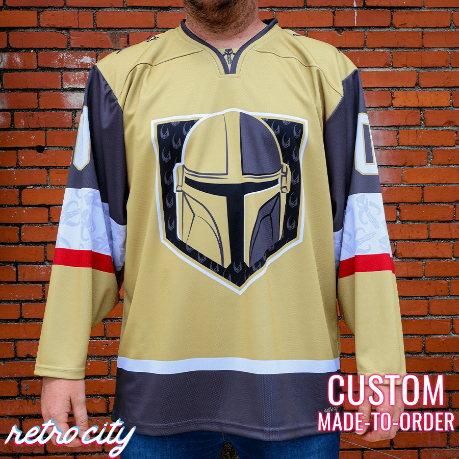 Din Djarin Mandalorian Bounty Hunters Disney Star Wars Lace-Up Hockey Jersey Sweater Gold