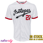 The Simpsons Baseball jersey with 'Isotopes' and 'Springfield' text on a white background, featuring red and black details.