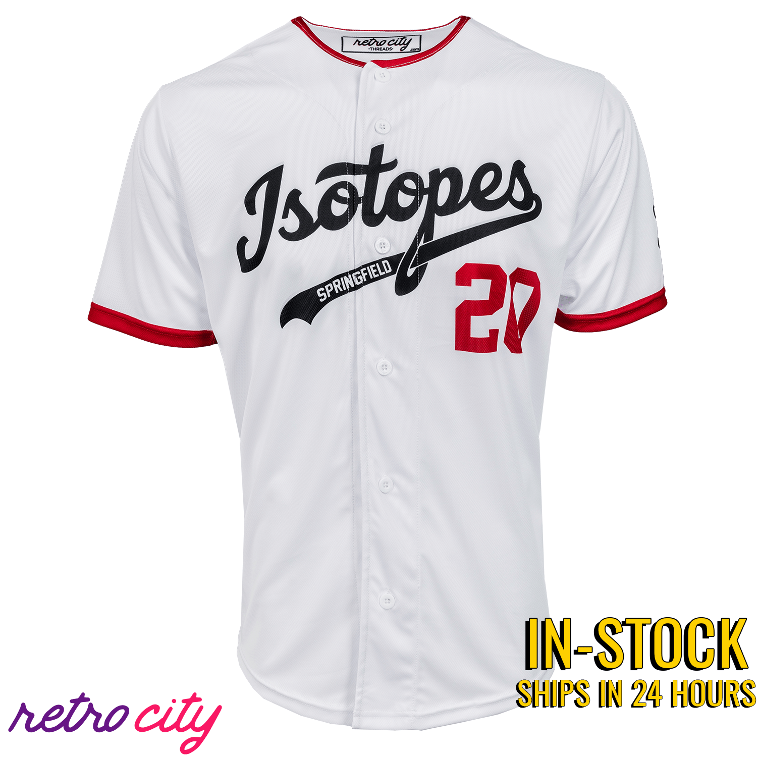 The Simpsons Baseball jersey with 'Isotopes' and 'Springfield' text on a white background, featuring red and black details.