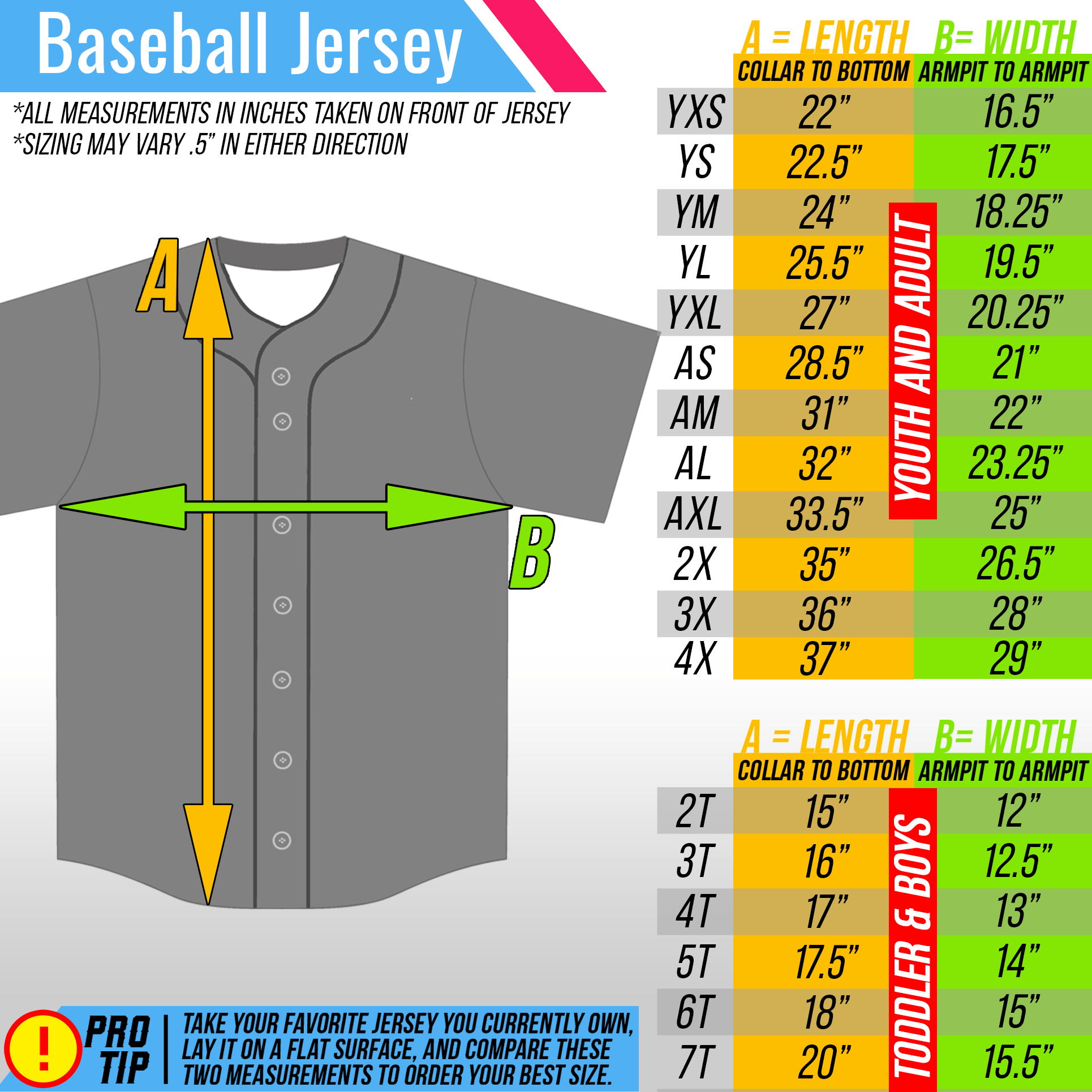 Baseball Uniform Size Charts, For Custom Baseball Uniforms