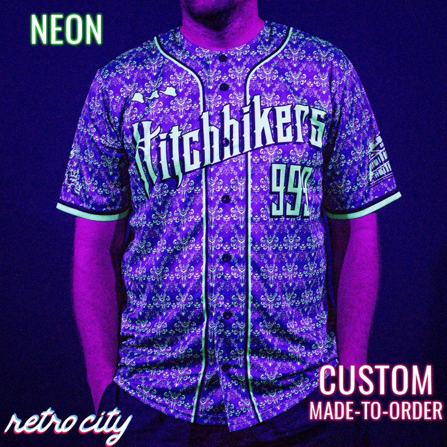 haunted mansion ride 'hitchhikers' full-button baseball fan jersey neon