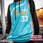 flint tropics, semi-pro jackie moon custom basketball jersey, flint tropics logo